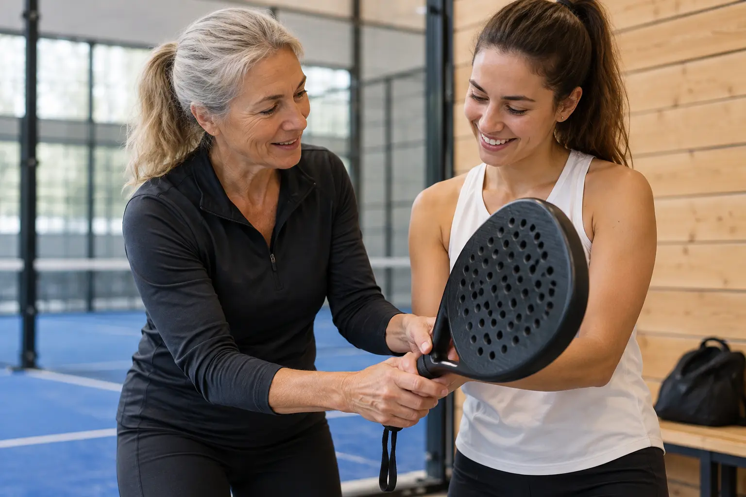Illustrative Szene eines Trainers, der einen erwachsenen Anfänger in Padel einführt