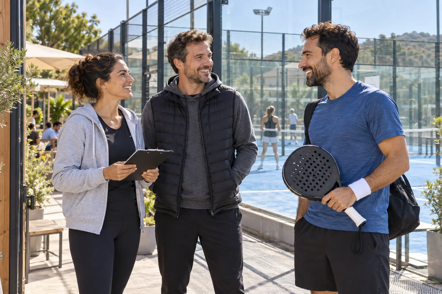 Illustrative Szene mit Organisatoren und einem Spieler in einem örtlichen Padel-Club